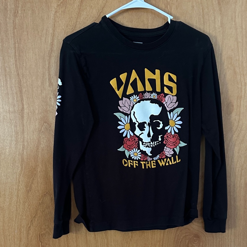Vans Black Long Sleeve Tee with Skull and Floral Design